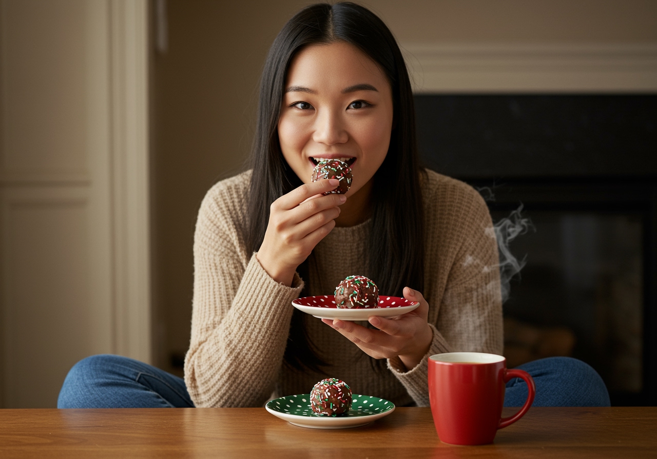 A person mindfully enjoying a single Costco Hallmark Holiday Cake Ball on a small, festive plate, with a cup of hot tea or coffee, emphasizing thoughtful consumption.
