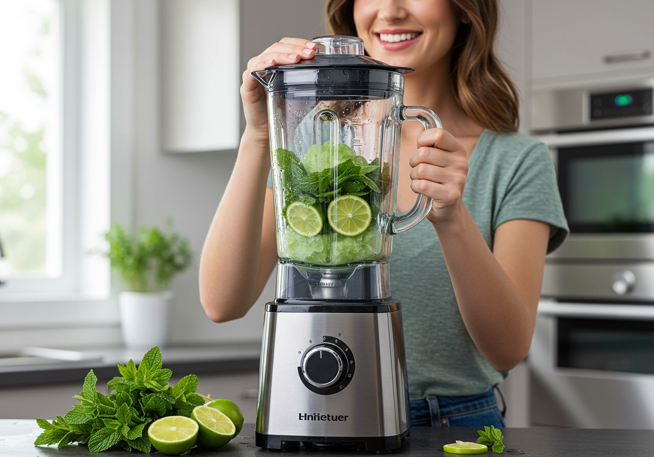 A person operating a high-powered blender, making a vibrant green frozen cocktail, with ingredients like lime, mint, and ice visible.