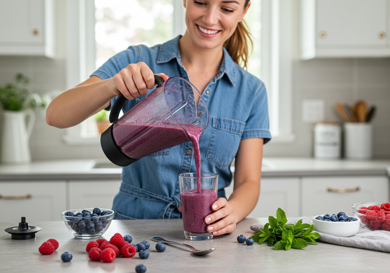 A person pouring a vibrant colored cold dessert soup from a blender jug into a glass, with fresh fruit and herbs on the counter.