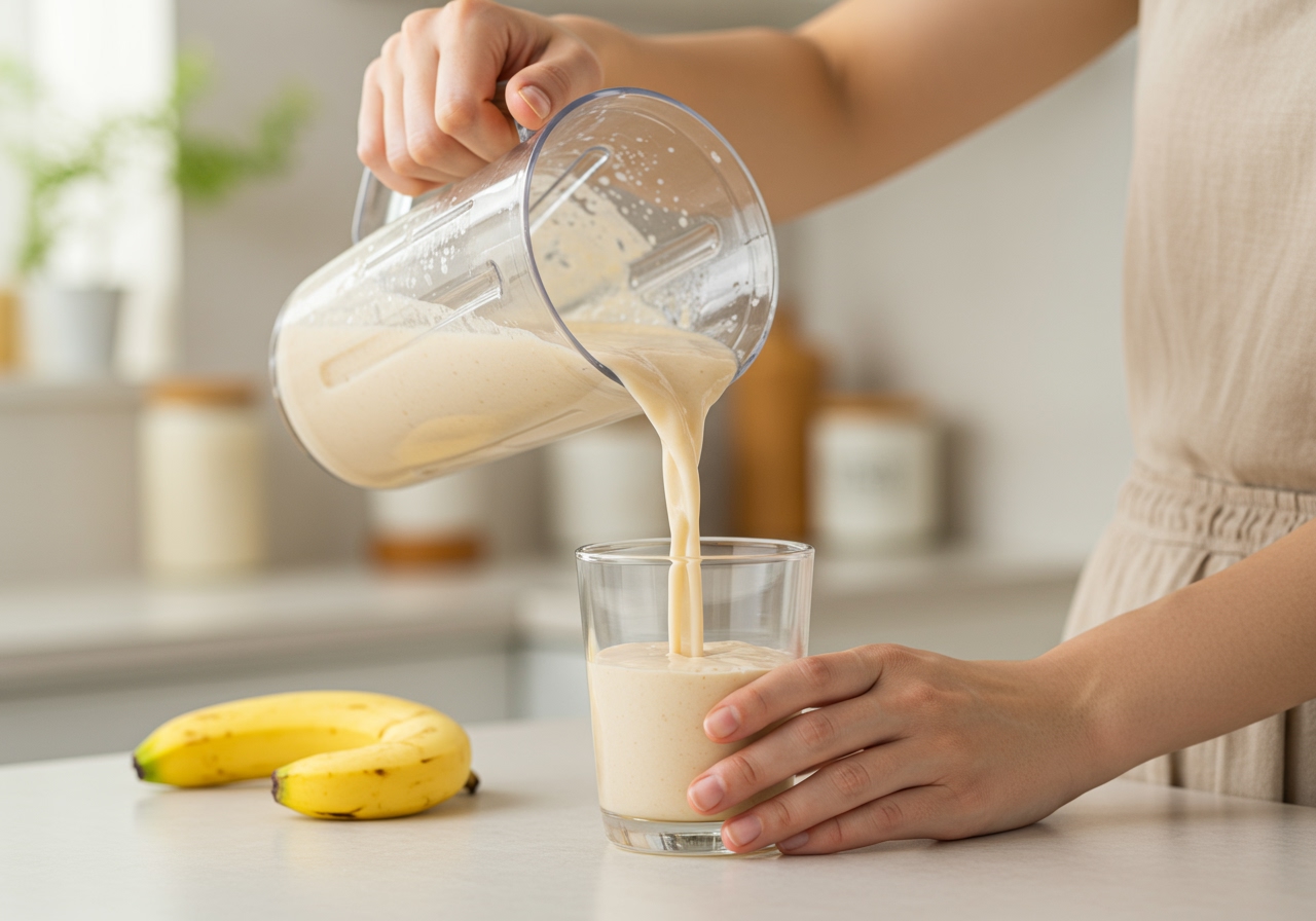 A person pouring the finished banana and kinako soy milk smoothie from a blender jug into a glass, showing the smooth consistency.