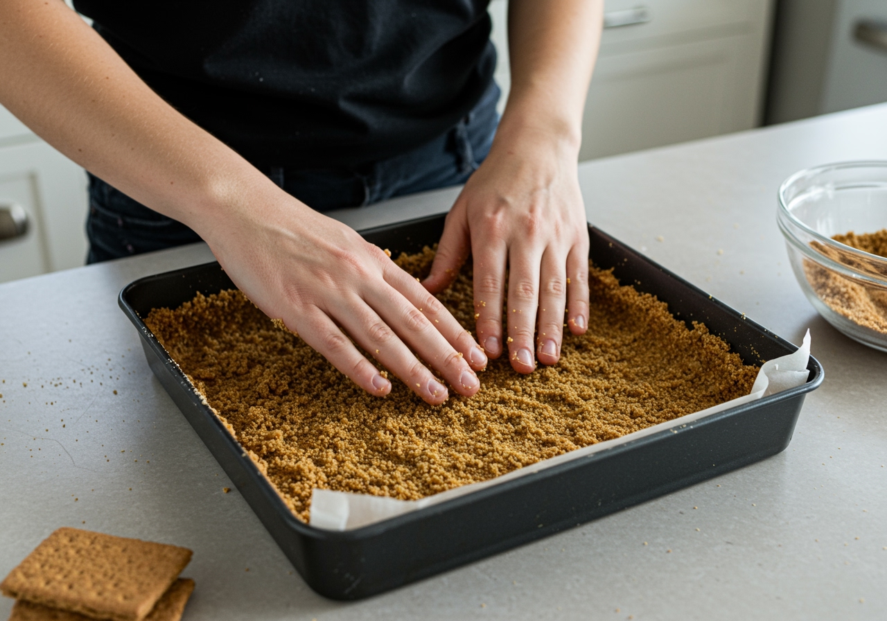 A person pressing the graham cracker crust mixture into a square baking pan.