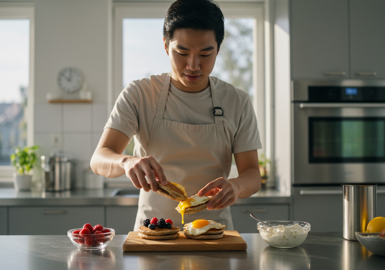 A person quickly assembling a healthy pancake breakfast sandwich in a modern kitchen setting.