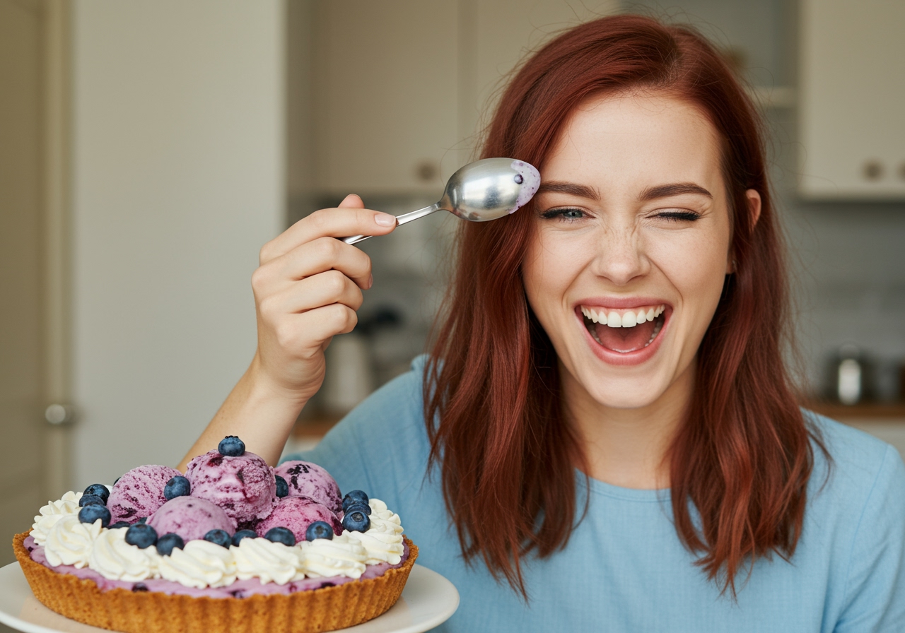 A person recoiling slightly with a smile while holding a spoon near their forehead, illustrating the 'brain freeze' moment, with a delicious-looking ice cream pie in the background.