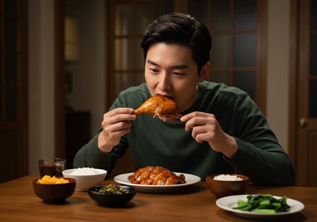 A person sitting at a table, calmly and slowly chewing a piece of food, with a focus on their relaxed posture and the food on their plate.
