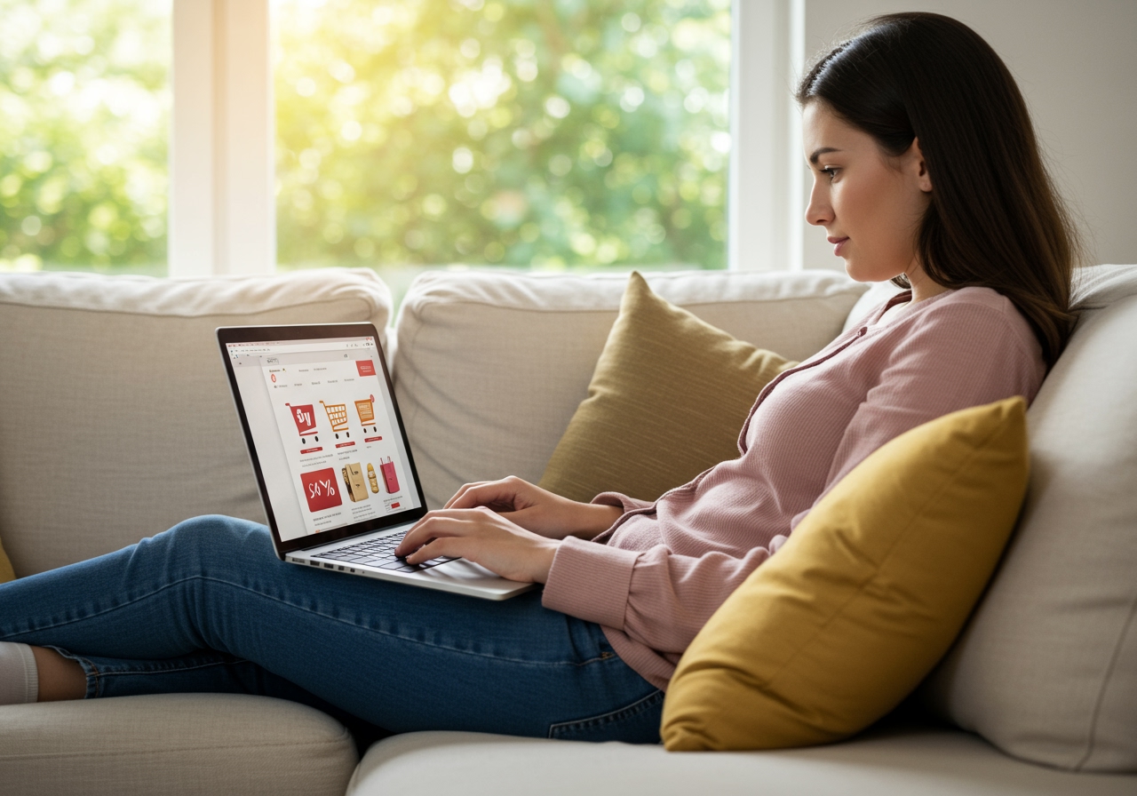 A person sitting comfortably on a sofa, browsing and shopping on a laptop or tablet, with a shopping cart icon visible on the screen, representing online sale shopping.