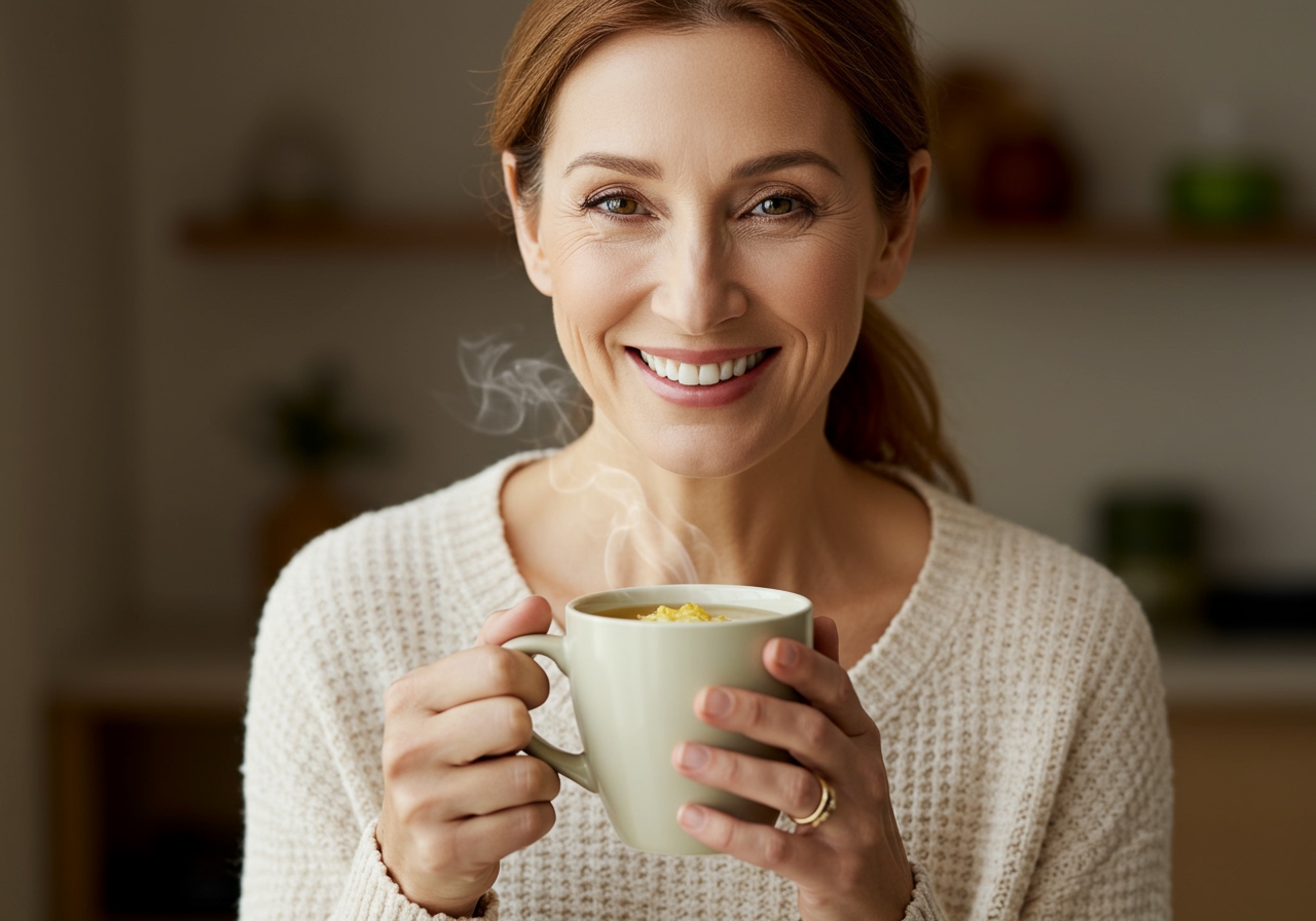 A person smiling and holding a cup of the warm Bancha and grated apple mixture, looking happy and healthy.