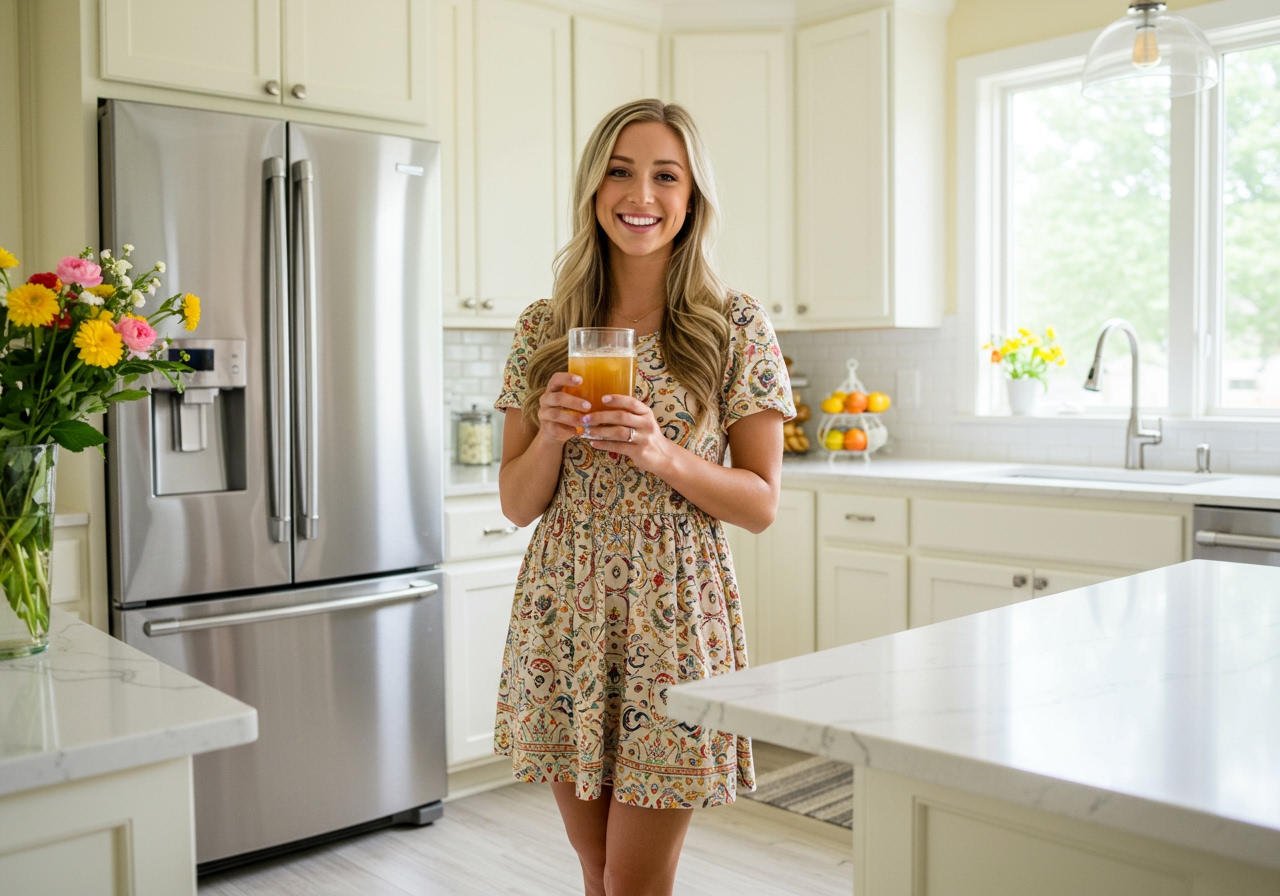 A person smiling and holding a glass of apple cider vinegar drink in a bright kitchen