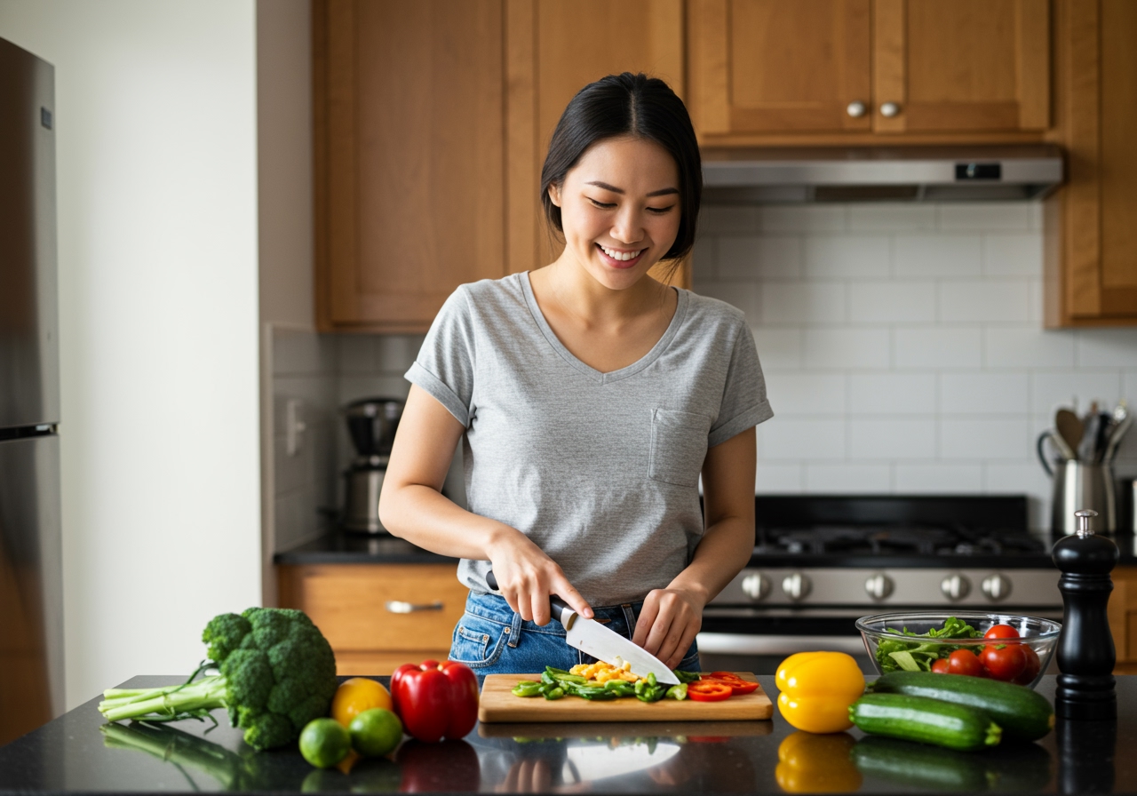 A person smiling while preparing a healthy low-carb meal in a kitchen, suggesting enjoyment and ease.