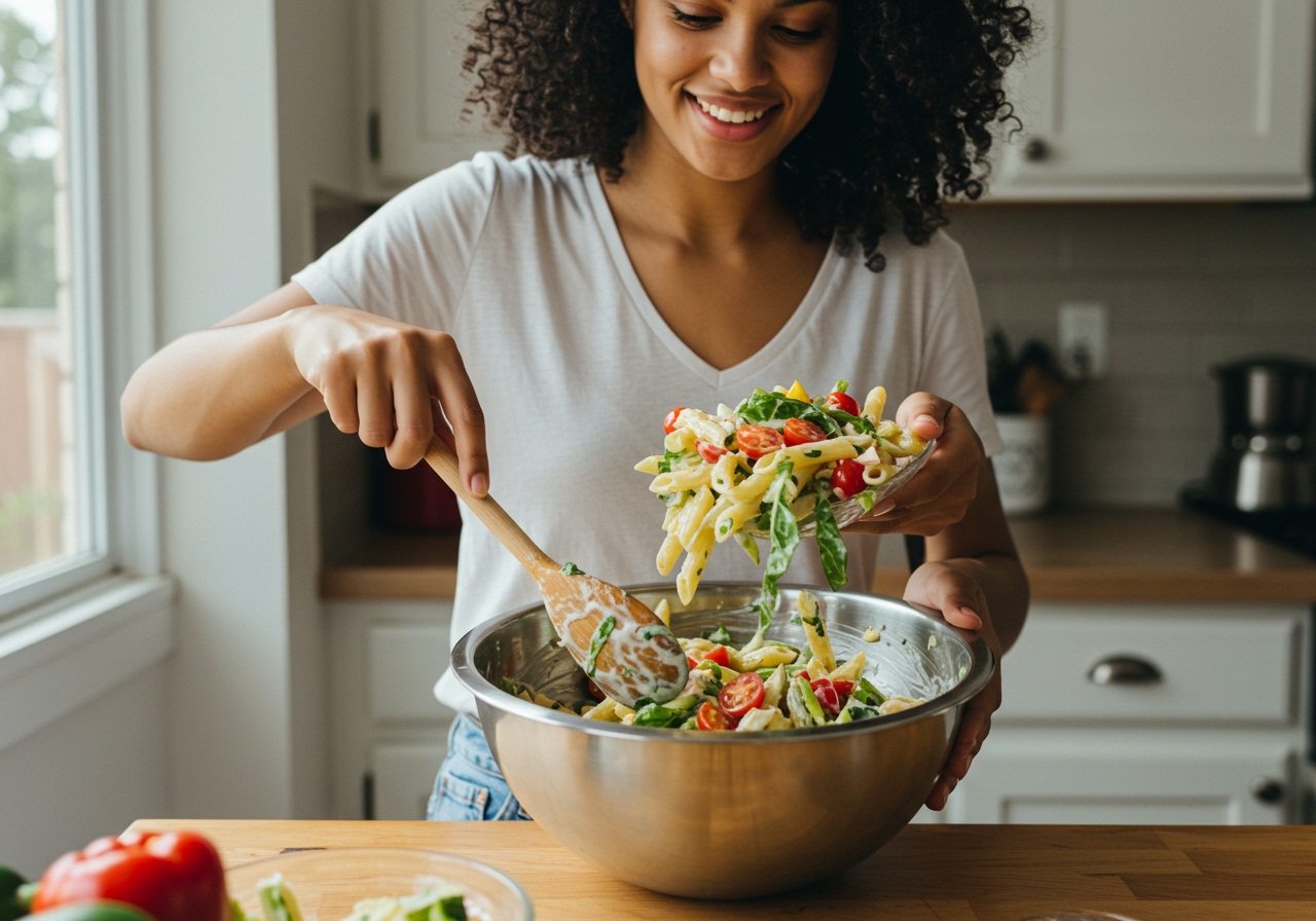A person tossing the pasta salad gently in a large bowl with dressing.