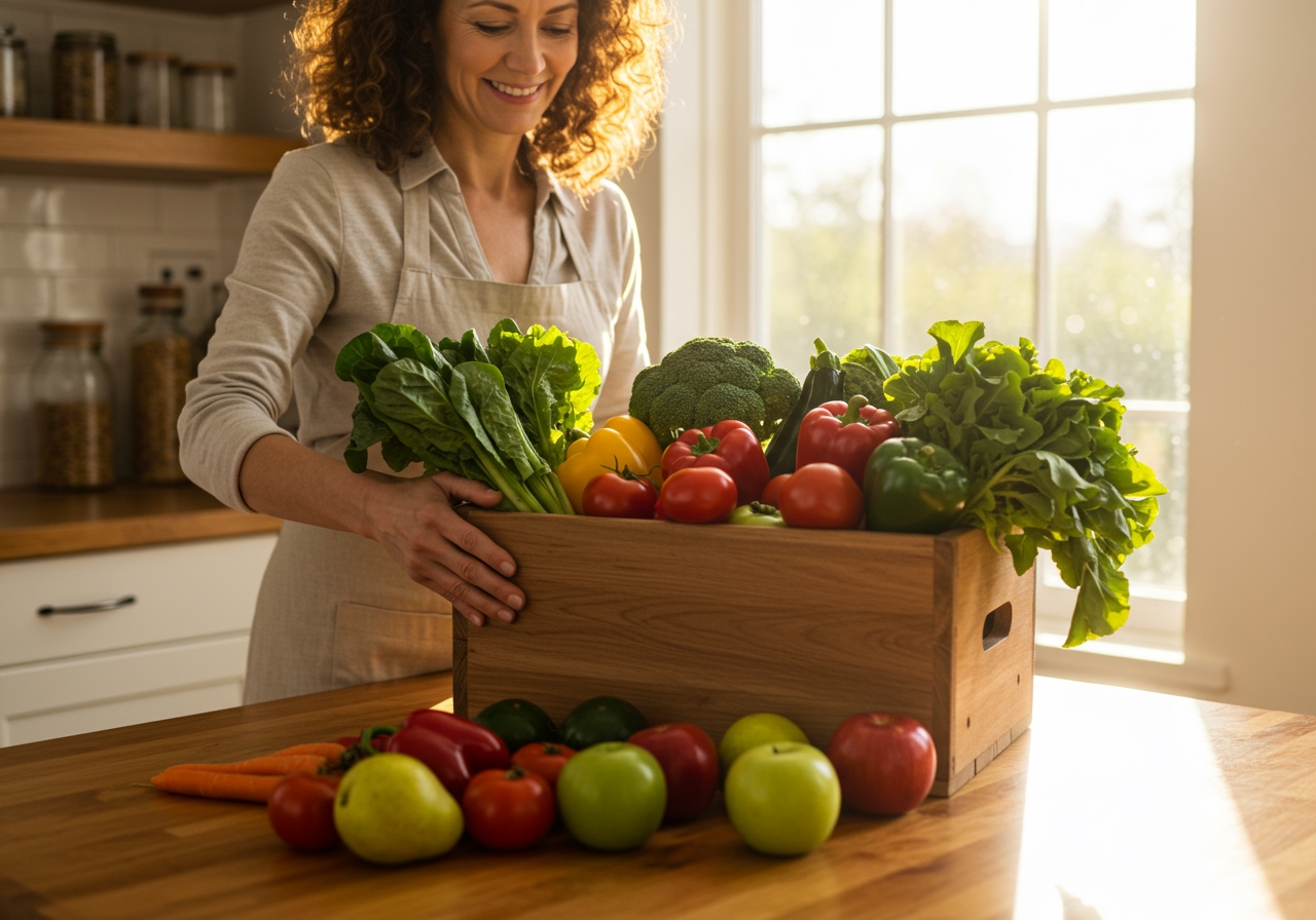 A person unpacking a large, rustic box filled with fresh, vibrant organic vegetables and fruits onto a wooden kitchen table, sunlight streaming in.