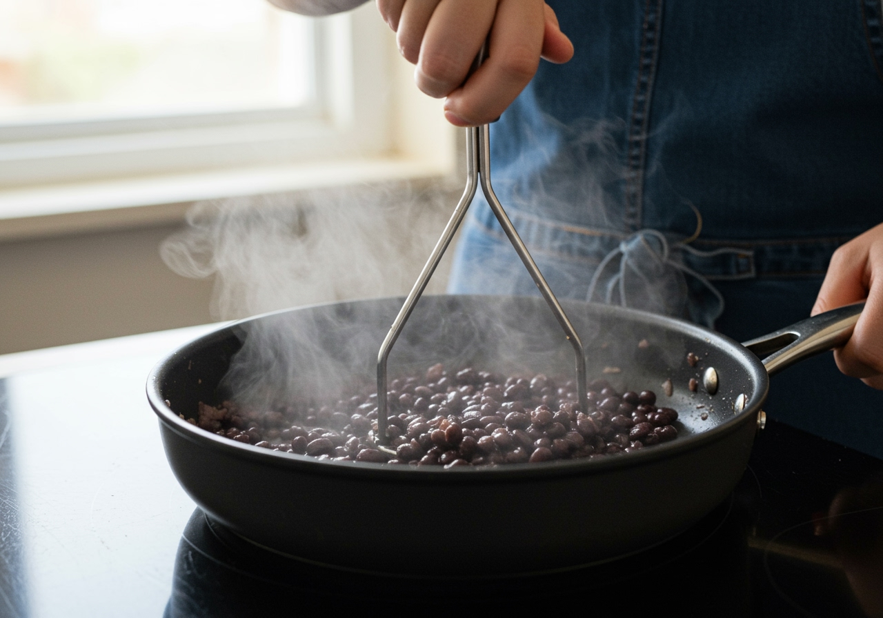 A person using a potato masher to mash black beans in a large non-stick skillet, with steam rising.