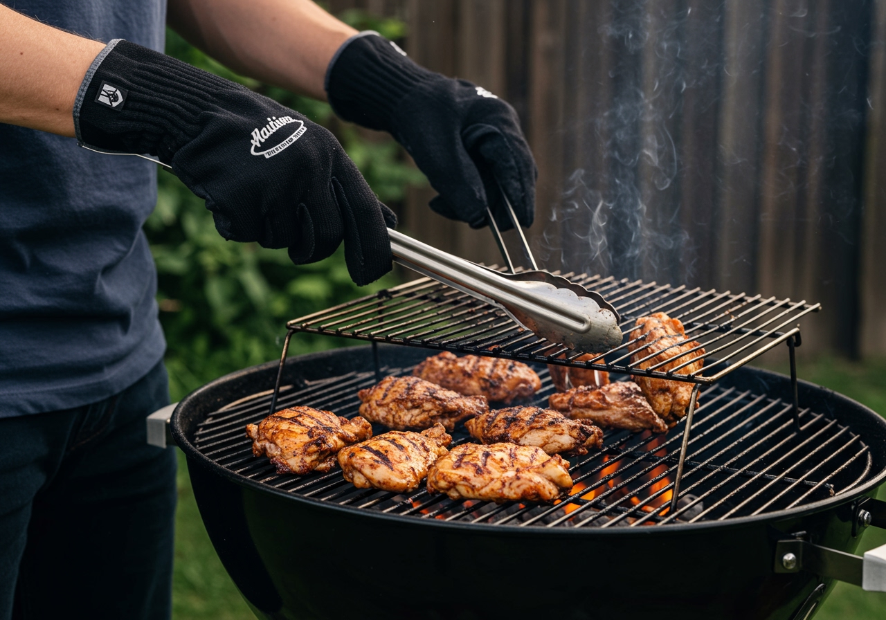 A person wearing heat-resistant gloves and using long tongs to carefully place a piece of chicken onto a hot grill grate. The background shows a safe distance from structures.