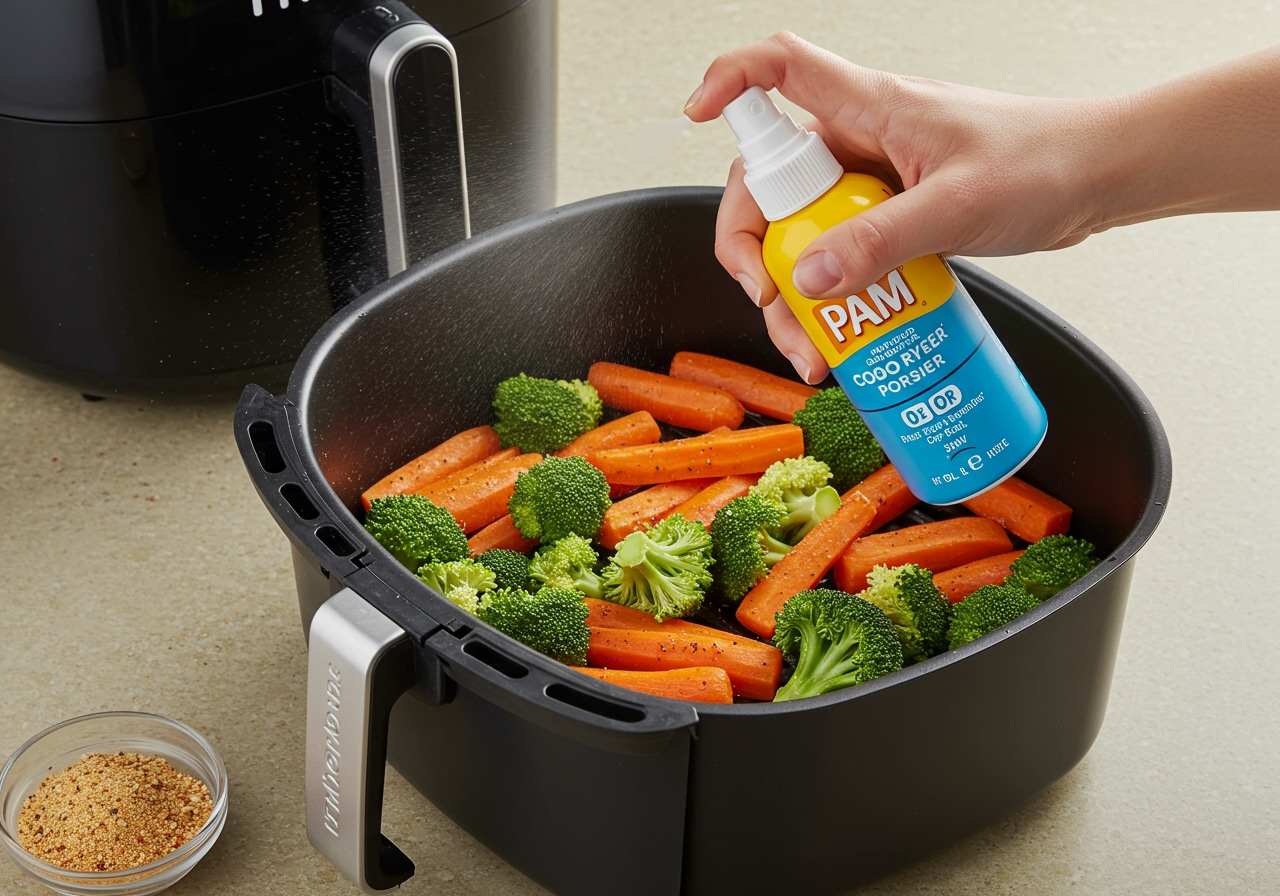 A person's hand holding a PAM Air Fryer Cooking Spray bottle, lightly and evenly misting a basket of seasoned vegetables (like broccoli florets and carrot sticks) before they are placed into an air fryer.