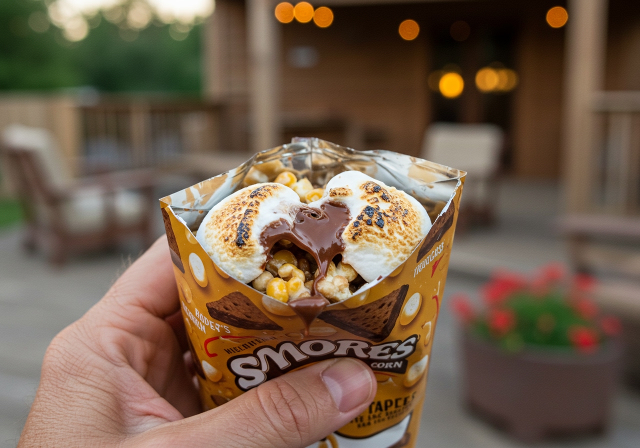 A person's hand holding an open s'mores corn packet, with gooey melted chocolate and marshmallow dripping slightly, against a blurred background of a cozy outdoor setting.