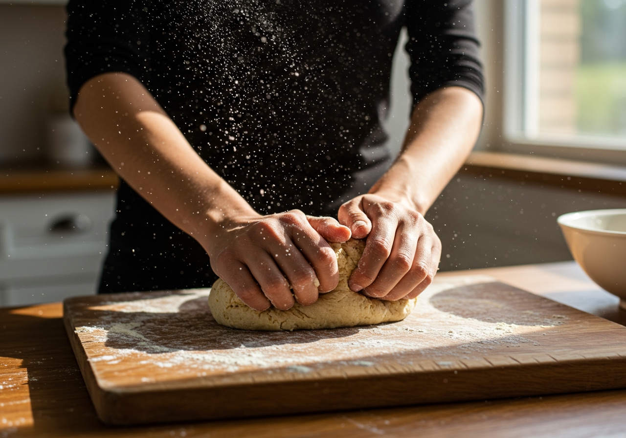 A person's hands gently kneading scone dough on a wooden board, with flour dusted on the surface, emphasizing the quick and light touch.