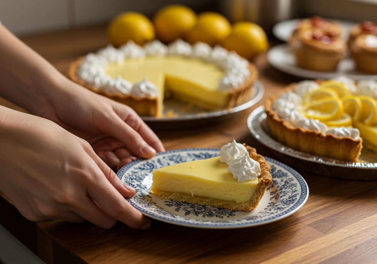 A person's hands gently placing a slice of creamy lemon pie onto a decorative plate, with other delicious homemade treats subtly blurred in the background, suggesting a bustling home kitchen filled with delightful aromas.