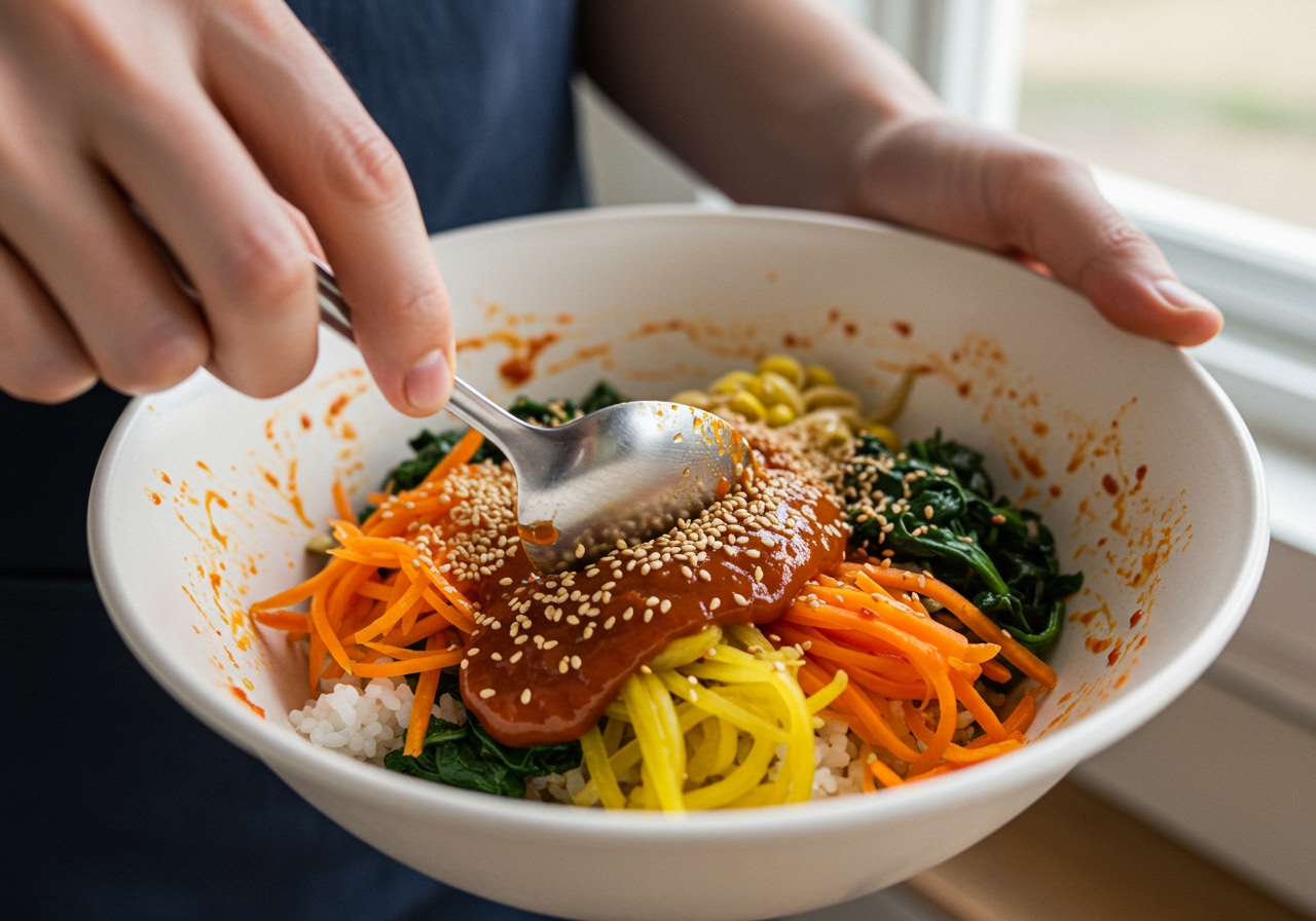 A person's hands holding a spoon, actively mixing a bowl of bibimbap, showing the process of combining the ingredients and sauce.