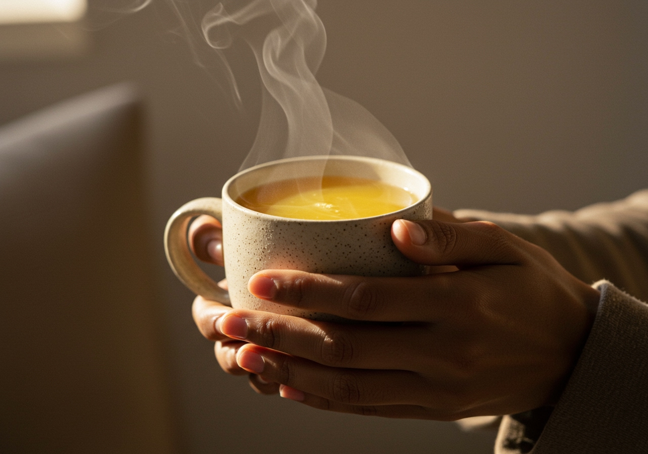 A person's hands holding a warm mug of ginger and black sugar drink, steam rising