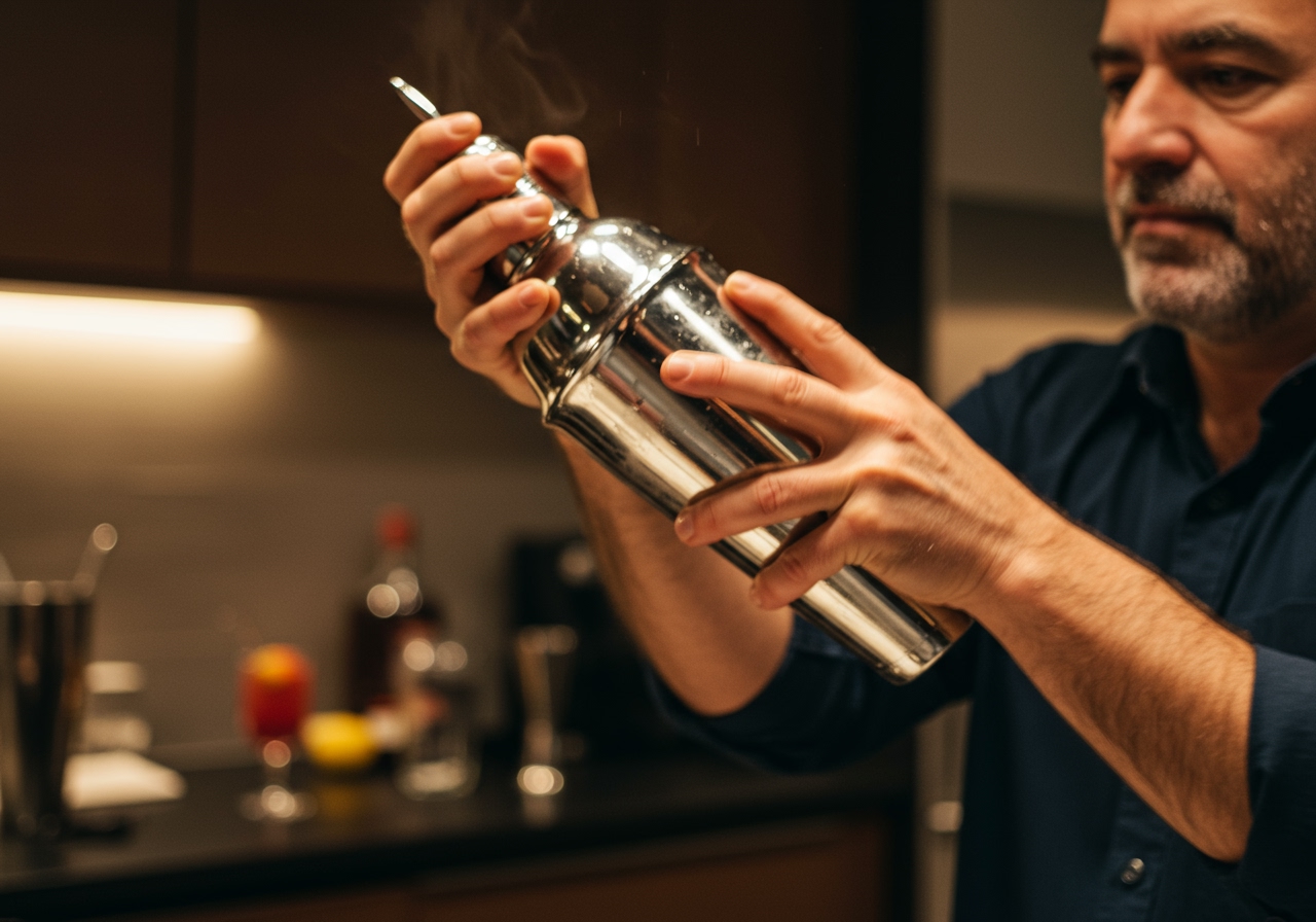 A person's hands vigorously shaking a silver cocktail shaker, with a blurred background of a home bar or kitchen counter.