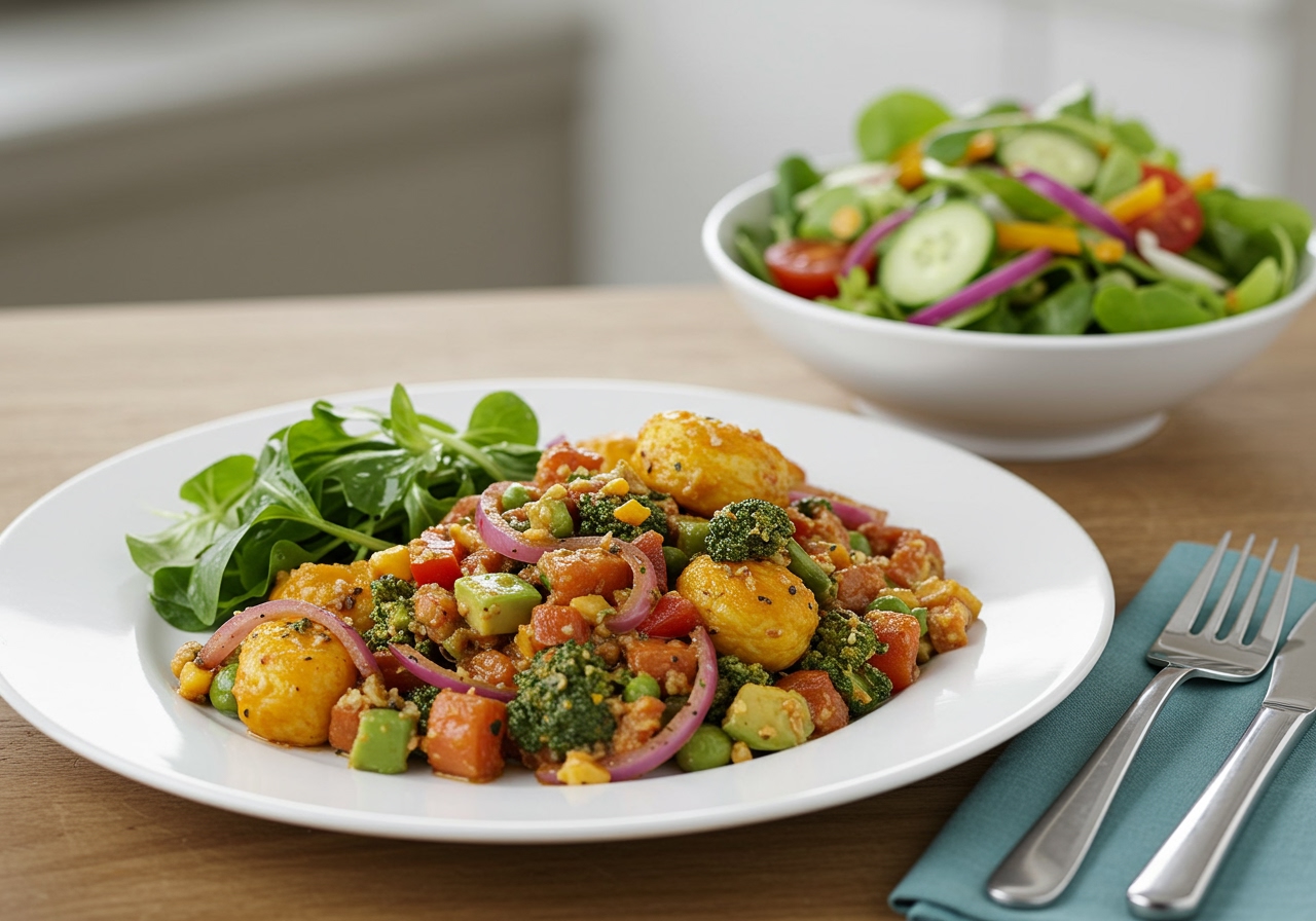 A photo illustrating a healthy portion of the finished dish with a side salad.
