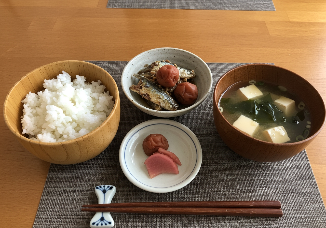 A photo of a balanced Japanese meal featuring イワシの梅煮, rice, miso soup, and a small side dish.