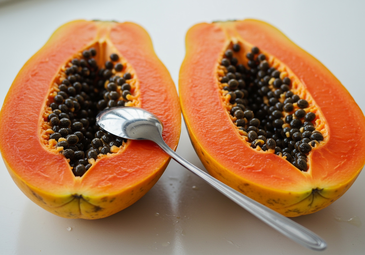 A photo of a perfectly ripe papaya sliced in half with a spoon, ready to eat