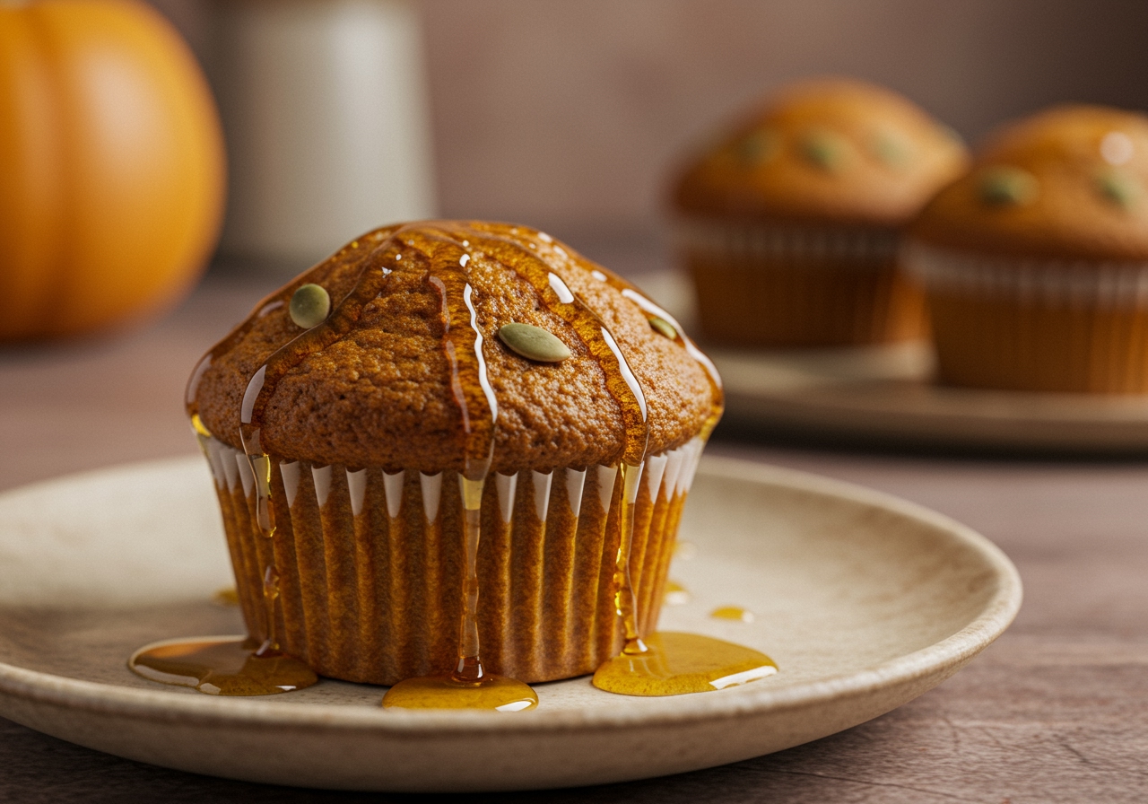 A photo of a single pumpkin muffin on a plate, with a drizzle of honey or a sprinkle of powdered sugar.