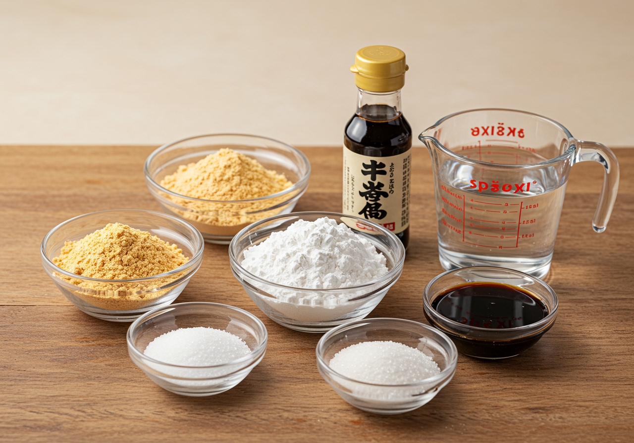 A photo of ingredients for simple warabi mochi: warabi starch/substitute, sugar, water, kinako, kuromitsu.