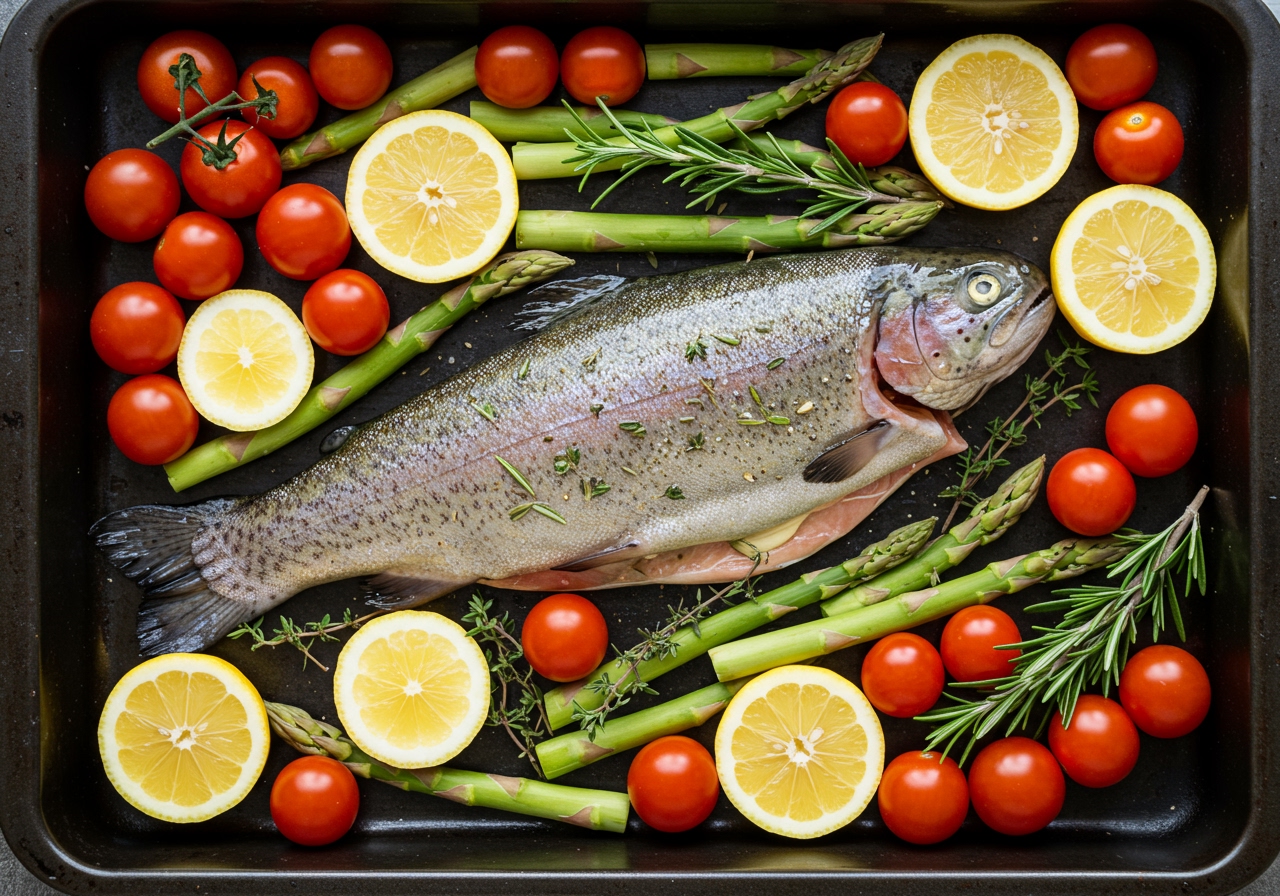 A photo of the prepared ingredients and trout arranged neatly on a baking sheet, ready for the oven.
