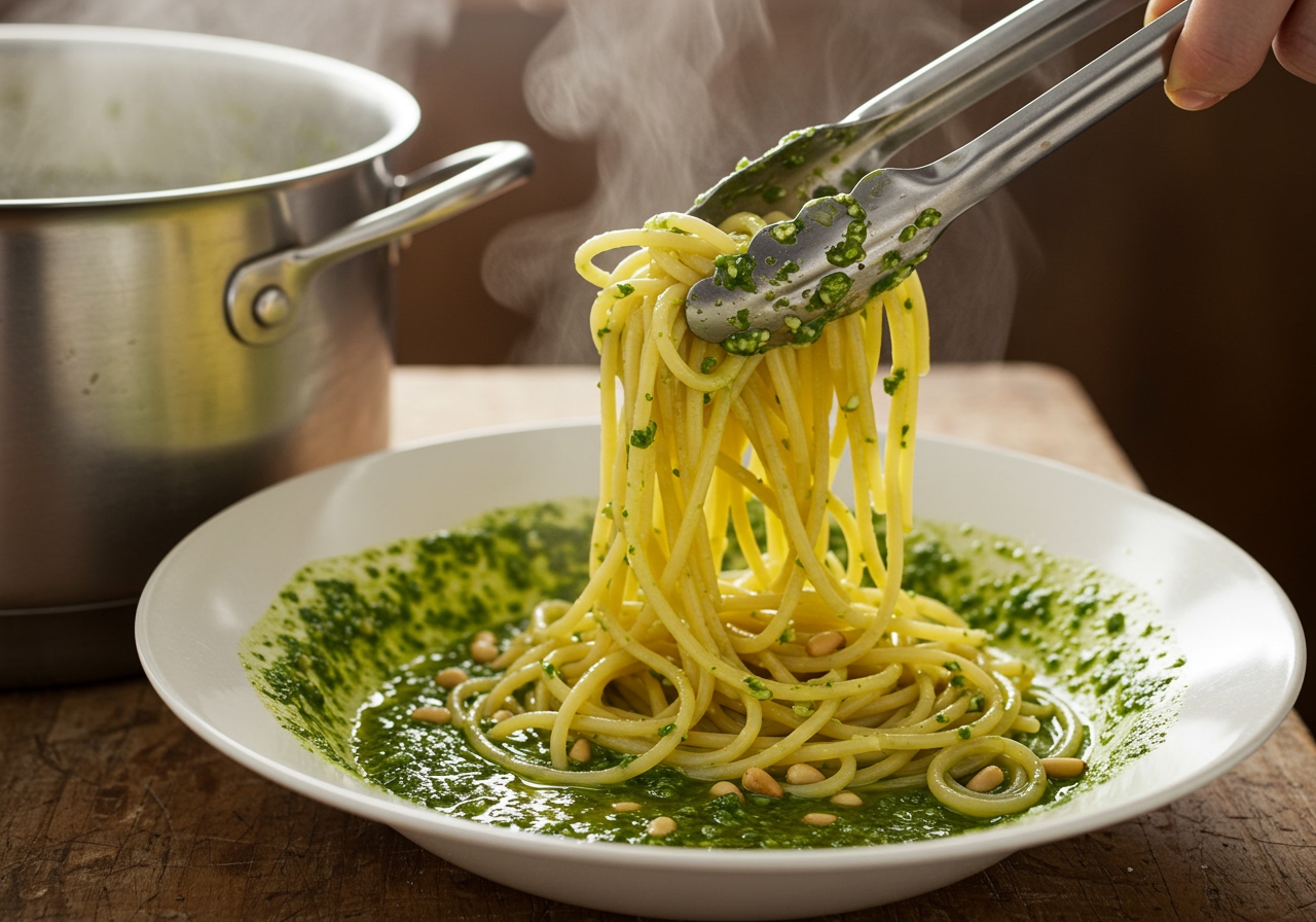 A photo showing spaghetti being transferred directly from the boiling pot to a bowl of fresh lemon pesto sauce.