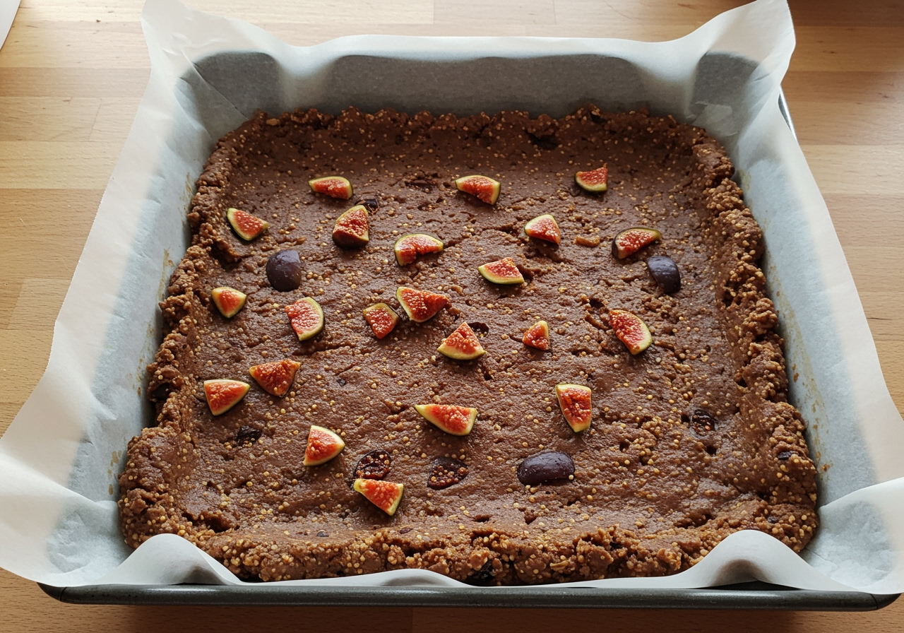 A photo showing the mixed dough for fig bars being pressed into a square baking pan lined with parchment paper.