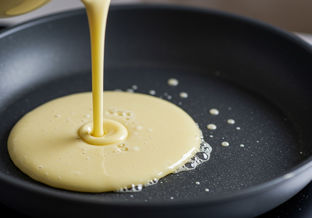A photo showing the process of pouring pancake batter onto a hot non-stick pan, with small bubbles starting to appear on the surface of the batter.
