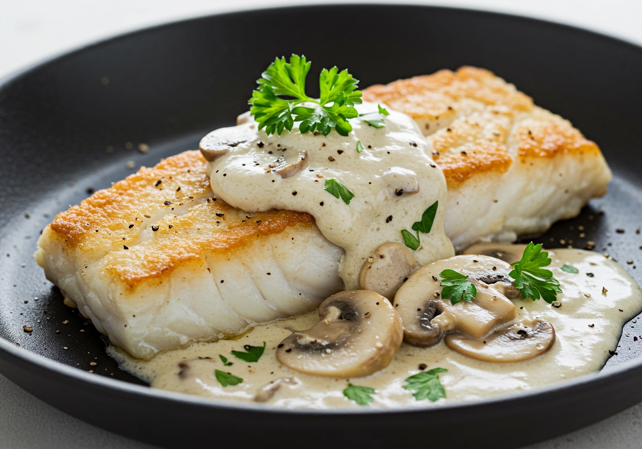 A piece of pan-fried white fish (like cod or sole) with a creamy mushroom sauce on top, garnished with fresh parsley.