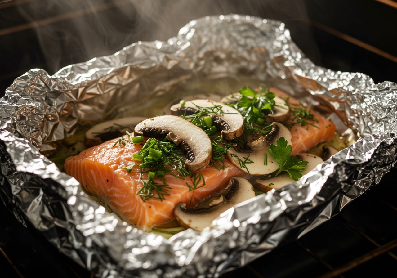 A piece of salmon and sliced mushrooms wrapped in aluminum foil, ready for baking, or just out of the oven, showing steam.