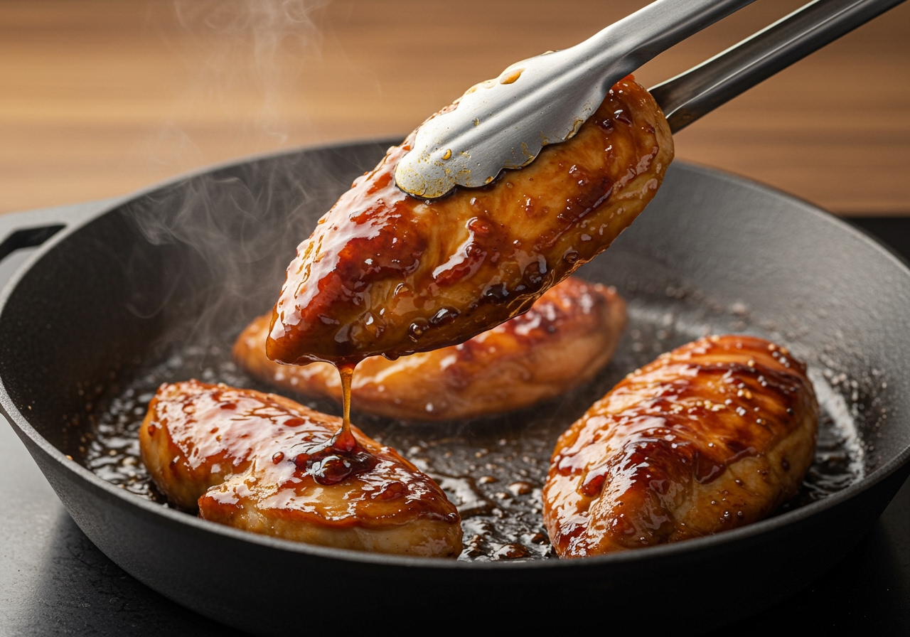 A piece of teriyaki glazed chicken breast or thigh being lifted from a frying pan with tongs, looking juicy and coated in sauce.