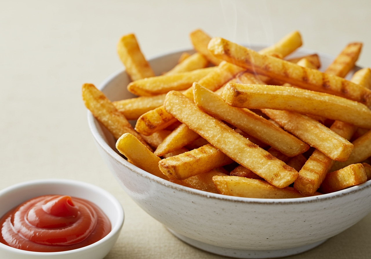 A pile of golden brown air-fried french fries in a bowl with ketchup on the side