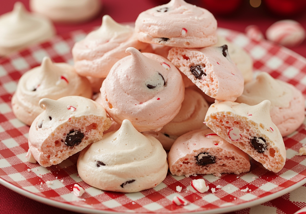 A pile of light, airy chocolate chip and candy cane meringue cookies on a festive plate, with a few broken to show the texture.