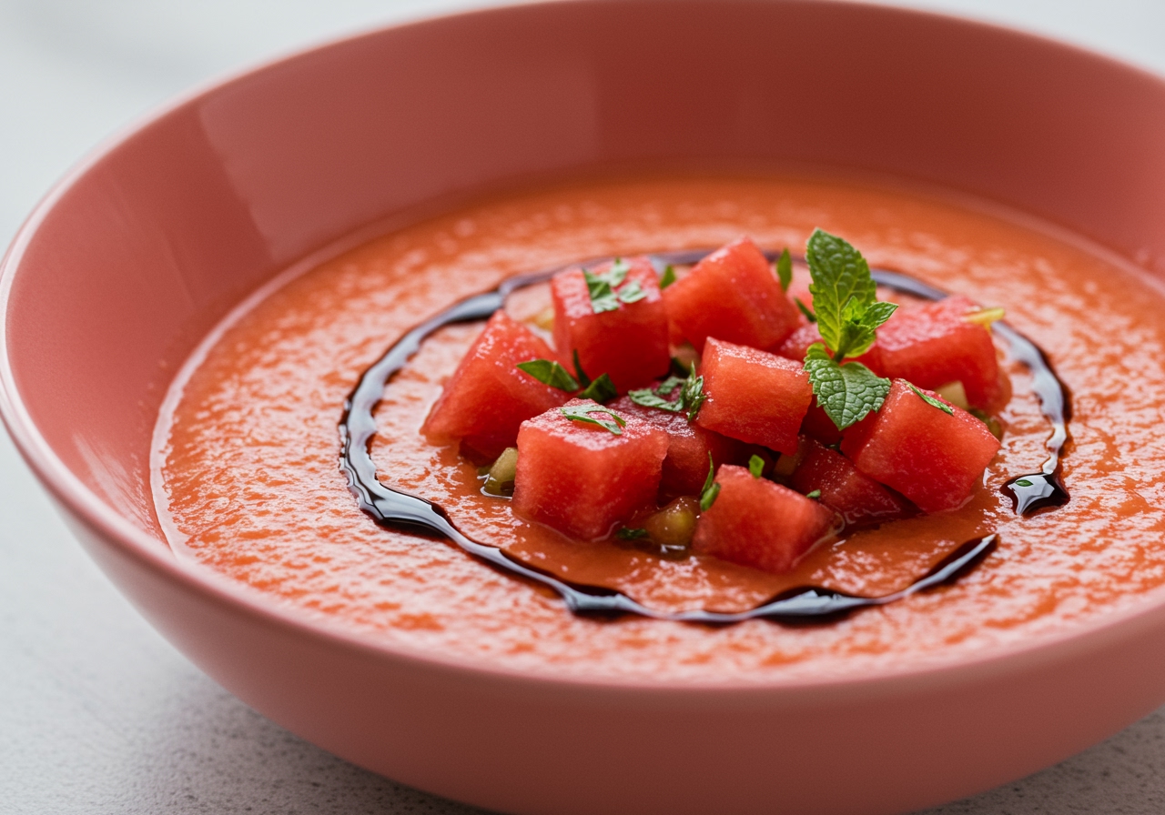 A pinkish-red bowl of chilled tomato and watermelon gazpacho, garnished with fresh mint and a drizzle of balsamic glaze.