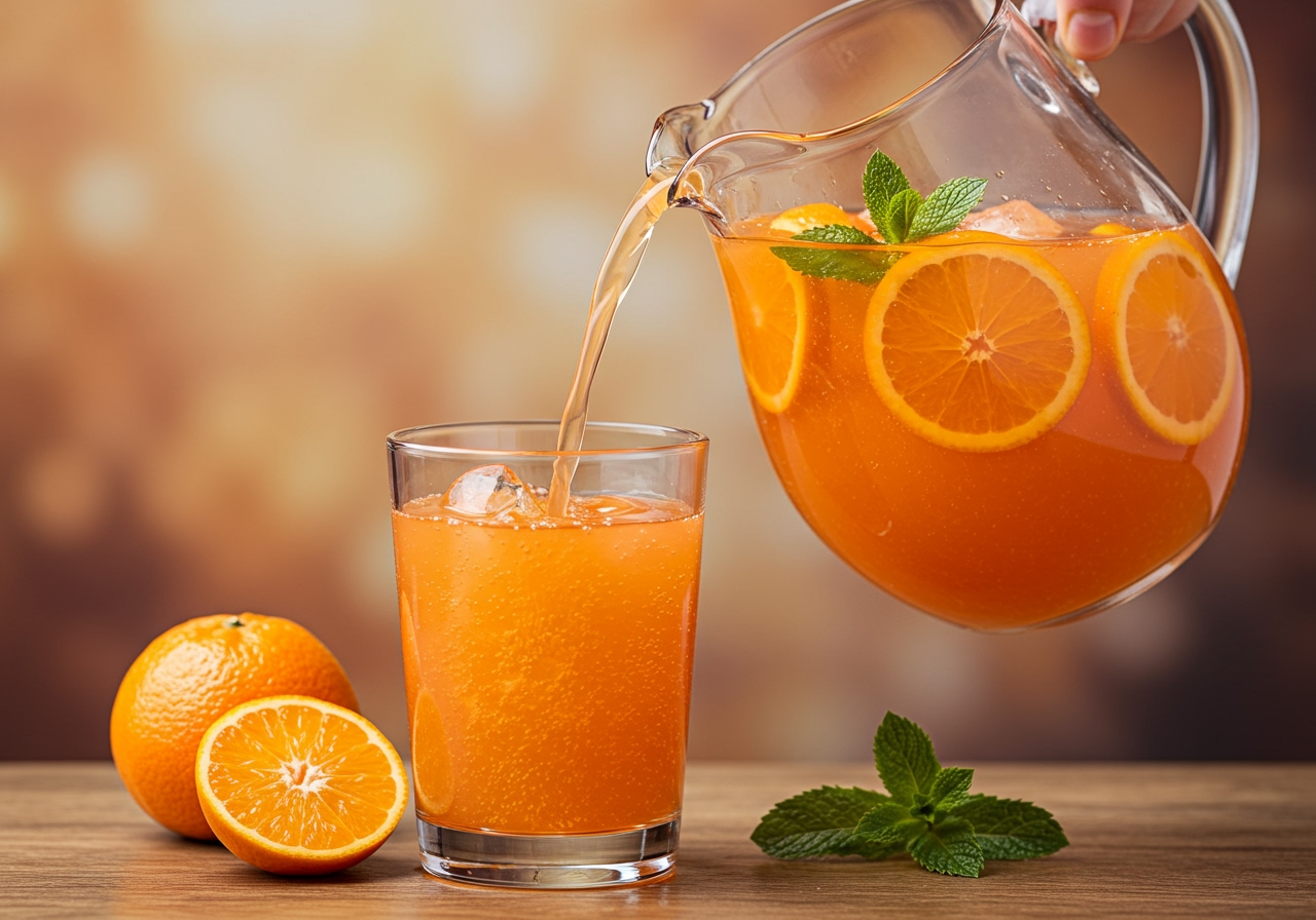 A pitcher filled with a bright orange, non-alcoholic drink, garnished with mandarin slices and mint leaves, being poured into a glass.