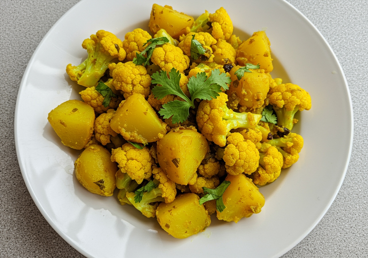 A plate of Aloo Gobi (potato and cauliflower dish) with a vibrant yellow hue from turmeric, garnished with fresh coriander leaves, seen from above.