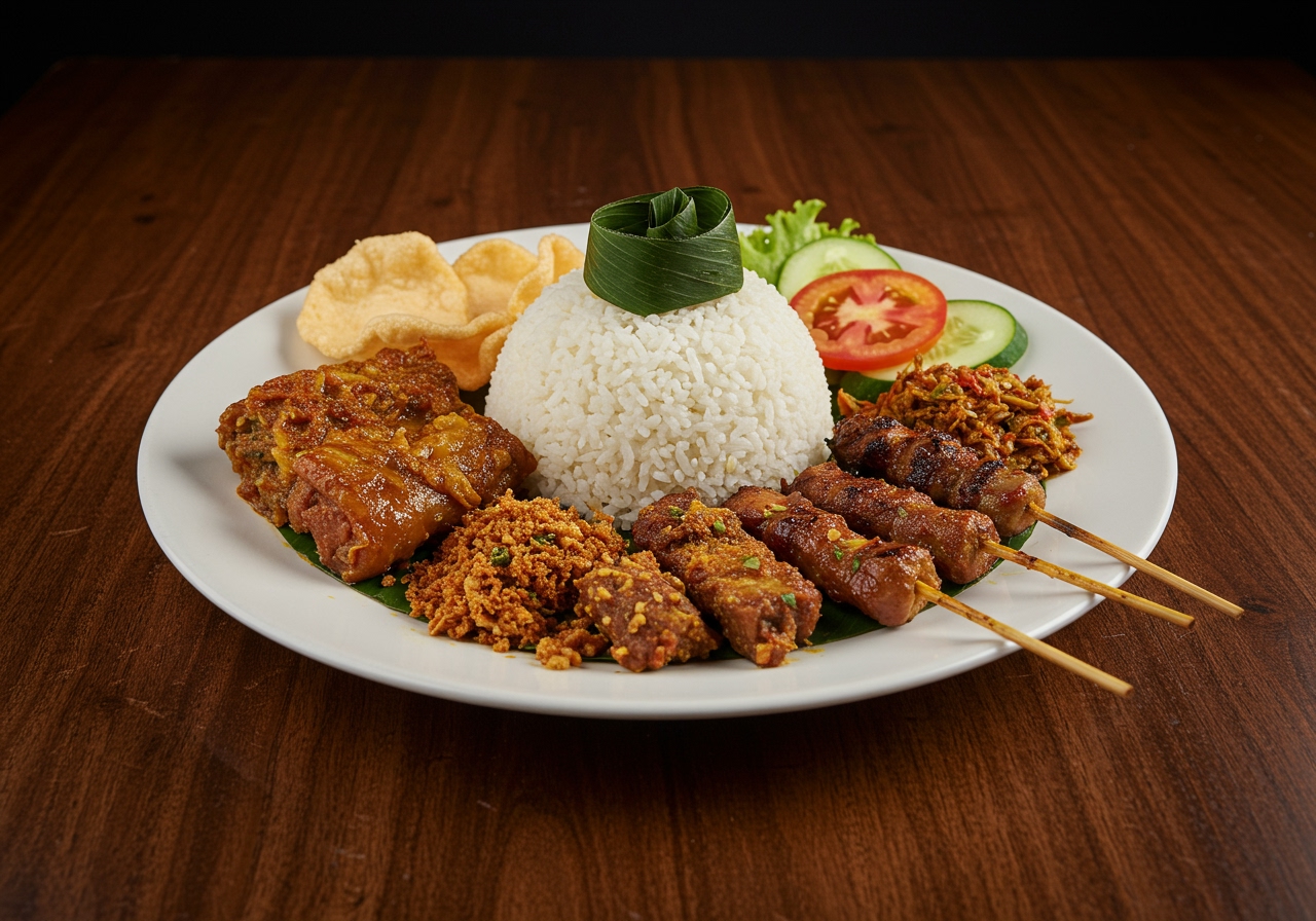 A plate of Balinese Nasi Campur, featuring pork dishes like Babi Guling, Ayam Betutu, and Sate Lilit, looking richly spiced and flavorful.