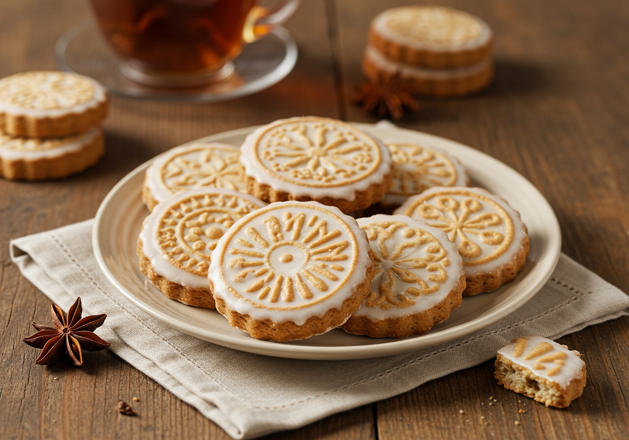 A plate of beautifully embossed Springerle cookies with a subtle white icing, arranged elegantly on a wooden table with a sprig of anise and a cup of tea in the background. The cookies show clear, intricate patterns.