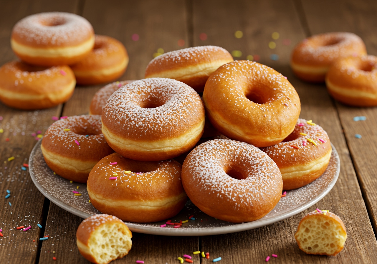 A plate of beautifully golden-brown, freshly fried homemade donuts, some dusted with powdered sugar, others with a simple glaze, on a rustic wooden table.