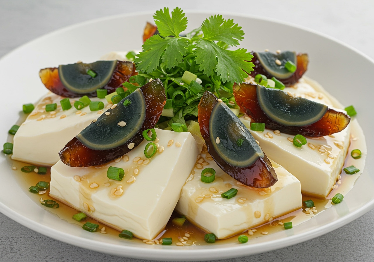 A plate of Chinese cold tofu salad (Pidang Doufu) topped with sliced century eggs, chopped green onions, cilantro, and a light soy sauce-based dressing.