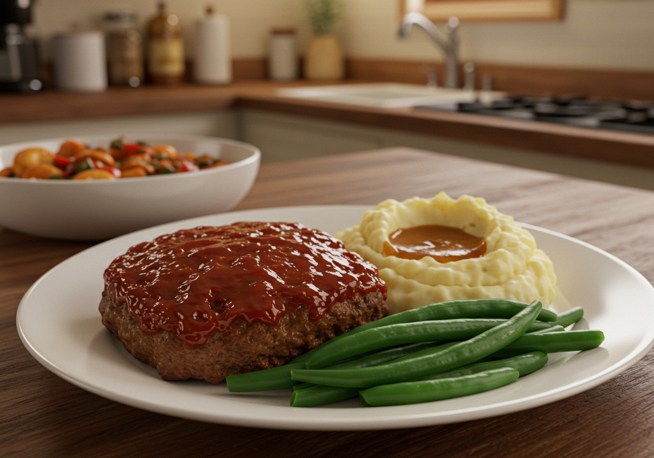 A plate of classic American meatloaf with mashed potatoes and green beans, topped with a rich brown gravy, in a homey kitchen setting.