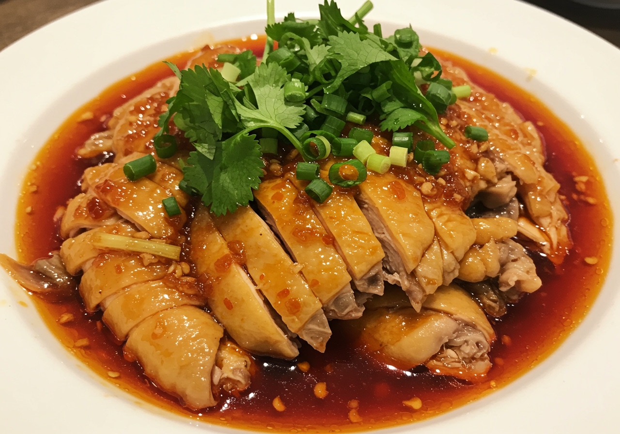 A plate of classic Chinese Saliva Chicken (口水鶏) with a vibrant red sauce, garnished with chopped green onions and cilantro.