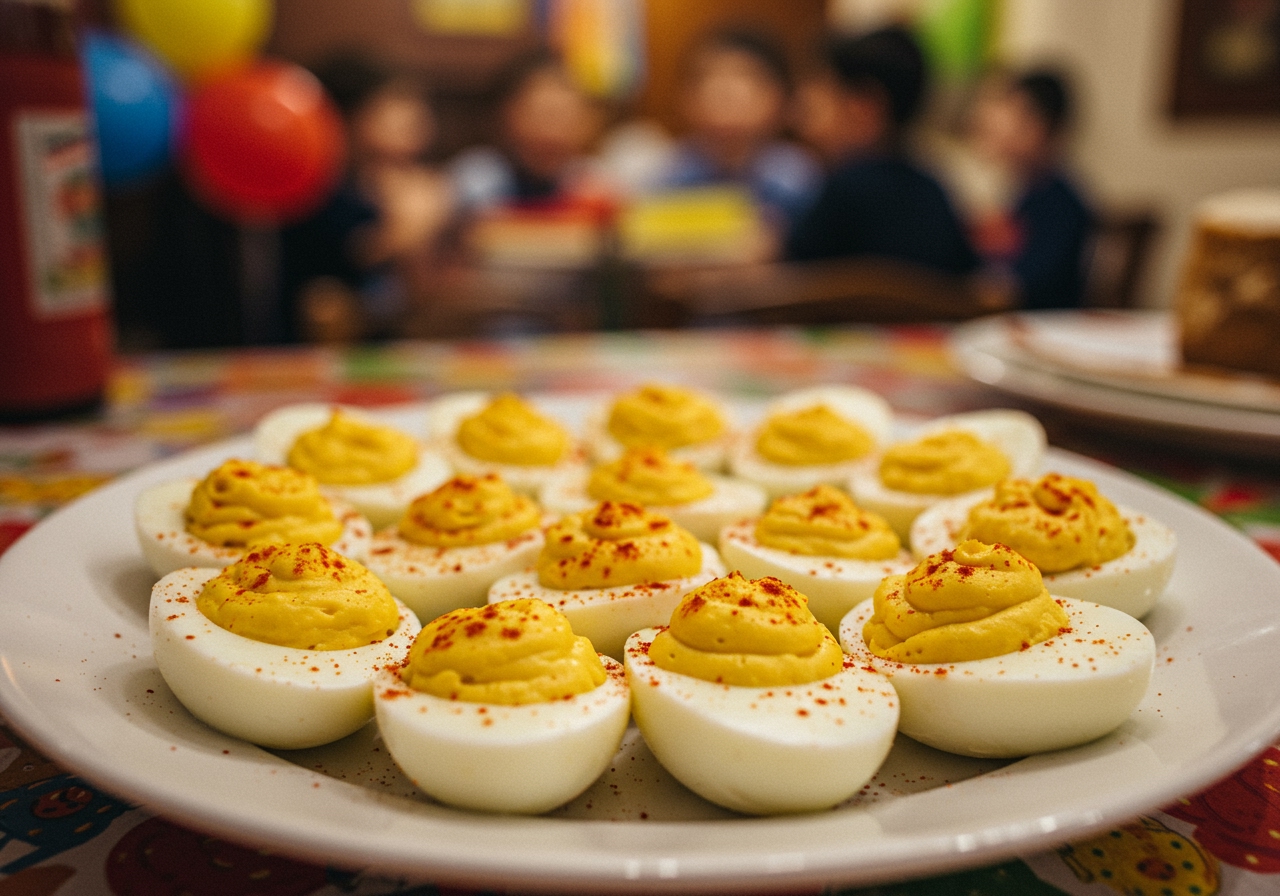 A plate of classic deviled eggs, neatly arranged and sprinkled with paprika. The background is slightly blurred party setting.
