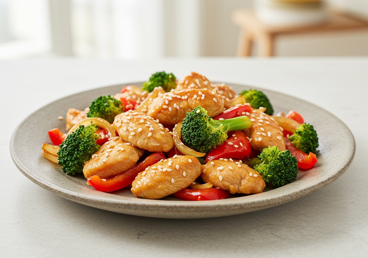 A plate of colorful, healthy stir-fried chicken and vegetables, styled like a restaurant dish but clearly homemade.