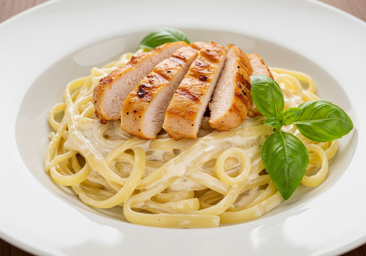 A plate of creamy fettuccine Alfredo with grilled chicken slices, garnished with fresh basil leaves.