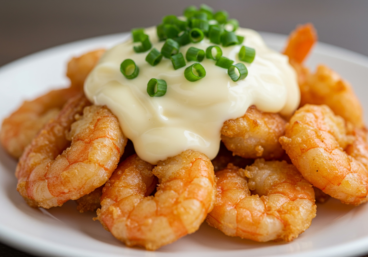 A plate of crispy shrimp mayo with a creamy sauce and a sprinkle of green onion.
